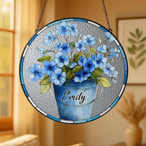 Forget-Me-Not Stained Glass Suncatcher, Handmade Botanical Window Hanging, Floral Nature Art Decor, Blue Flower Glass Ornament