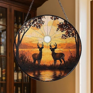 Autumn Deer Stained Glass Suncatcher, Forest Sunset Scene with Golden Leaves, Fall Wildlife Decor, Nature Window Hanging