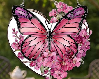 Pink Butterfly Floral Heart Suncatcher, Acrylic Window Hanging, Soft Butterfly Decor, Floral Window Art, Gift for Her, Nature Lover Gift