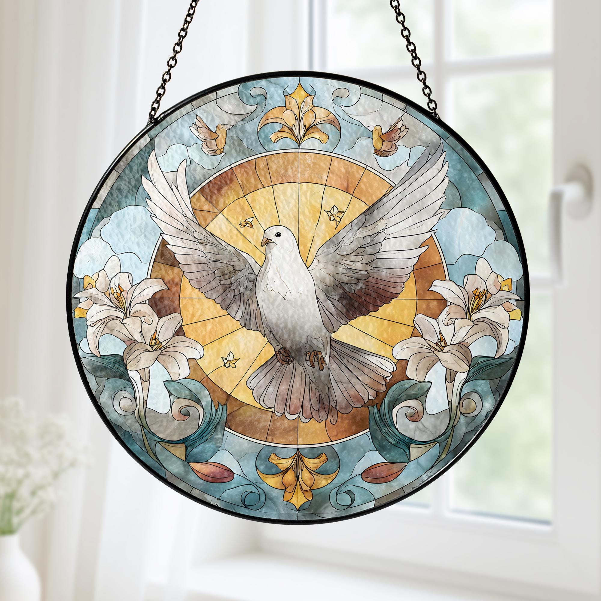 Holy Spirit Dove Stained Glass Suncatcher, Christian Round Window ...
