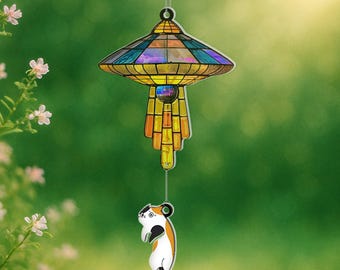 Funny UFO Cat Acrylic Suncatcher, Faux Stained Glass Alien Abduction Window Hanging, Space Decor Gift for Cat Mom or Cosmic Home Accent