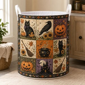 Halloween Quilted Laundry Basket, Patchwork Fabric Hamper with Ghost, Pumpkin and Black Cat Designs
