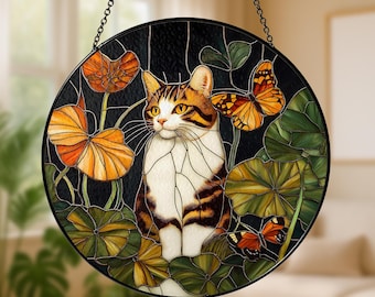 Cat with Butterfly Stained Glass Suncatcher, Tabby Cat Window Hanging Ornament, Floral Glass Home Decor, Gift for Cat Lovers
