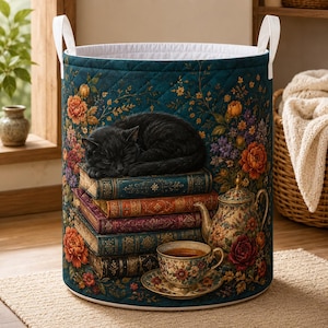 Cat Quilt Laundry Basket, Vintage Book Lover Storage Basket, Cottagecore Laundry Hamper, Foldable Clothes Bin, Reader Home Decor Gift