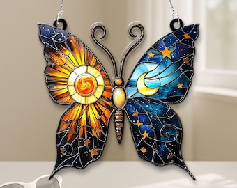 Butterfly Celestial Sun Moon Acrylic Suncatcher, Starry Sky Butterfly Ornament, Mystical Window Decor for Nature and Space Lovers