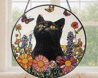 Black Cat Stained Glass Suncatcher Window Hanging, Floral Butterfly Window Hanging, Colorful Nature Home Decor, Unique Gift For Her or Him