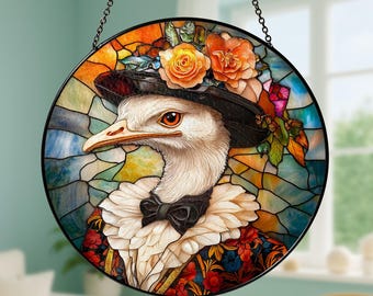 Ostrich Vintage Stained Glass Suncatcher, Bird with Floral Hat Stained Glass Home Decor, Window Hanging Ornament for Living Room or Garden