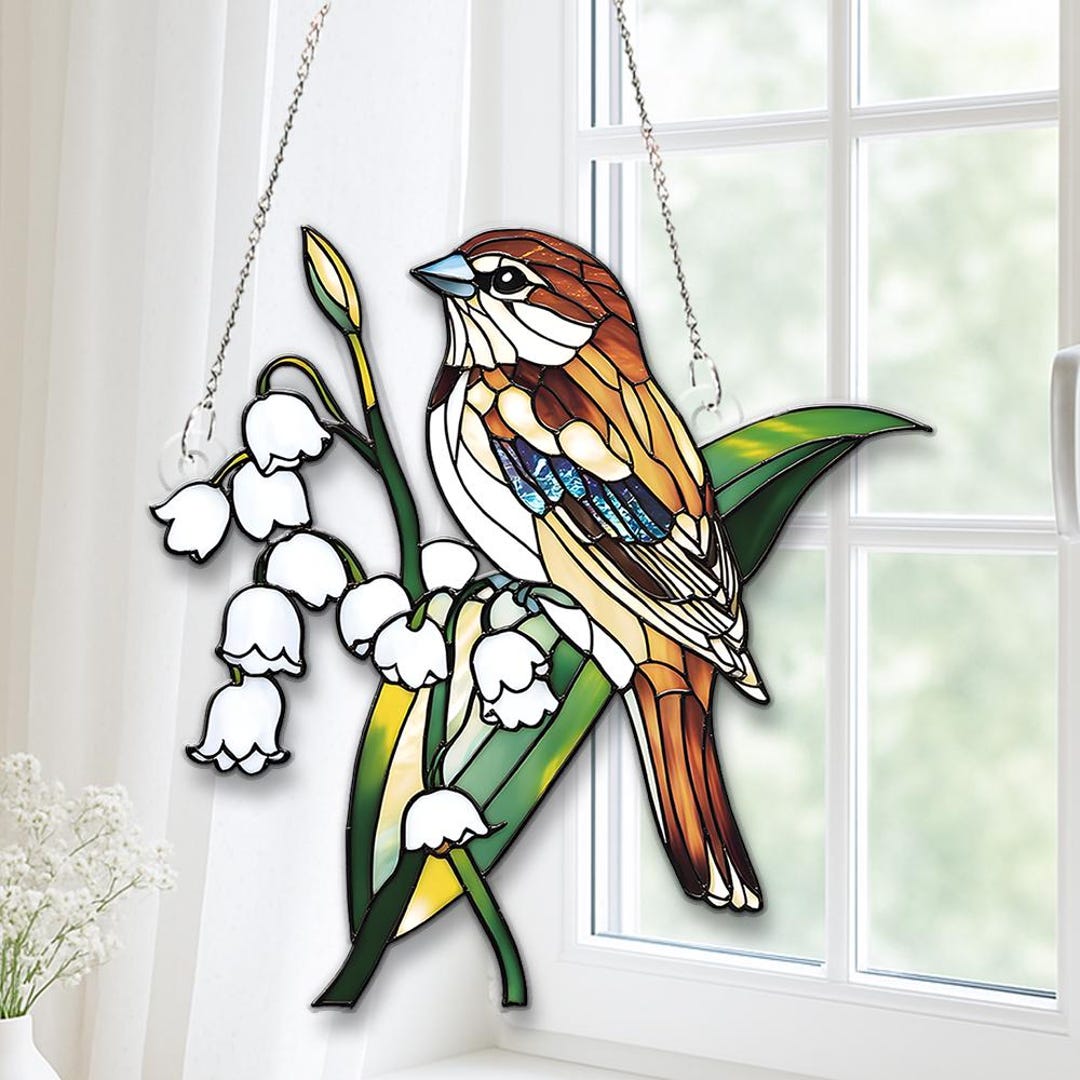 Sparrow and Lily of the Valley Acrylic Suncatcher, Nature Prism Window ...