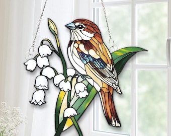 Sparrow and Lily of the Valley Acrylic Suncatcher, Nature Prism Window Hanging, Spring Floral Home Decor, Garden Lover Gift Idea