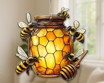 Honey Jar with Bees Acrylic Suncatcher, Window Hanging, Nature Farmhouse Home Decor Ornament, Unique Gift for Bee Lovers