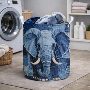 Denim Patchwork Elephant Laundry Basket, Blue Jean Elephant Storage Basket, Rustic Textile Animal Hamper Decor