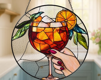 Cocktail Hand Stained Glass Suncatcher, Colorful Drink Window Hanging Ornament, Summer Party Bar Decor, Unique Gift For Her or Him