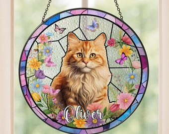 Custom Cat Portrait Suncatcher, Pet Memorial Stained Glass, Cat Loss Gift, Personalized Pet Keepsake, Cat Memorial Window Hanging, Pet Loss