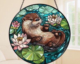 Swimming Otter Stained Glass Suncatcher, Funny Otter Glass Decor, Otter Lovers Gift, Gift For Her, Funny Animal Decor, Animal Lovers Gift