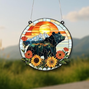 Bear Acrylic Window Hanging, Mountain Sunset Cabin, Wildlife Nature Ornament, Forest Bear Wall Art, Rustic Gift for Him, Handmade Suncatcher