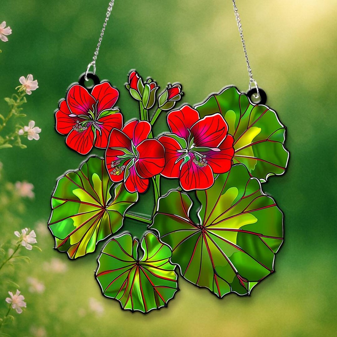 Vibrant Red Geranium Acrylic Window Hanging Ornament, Floral Home Decor ...