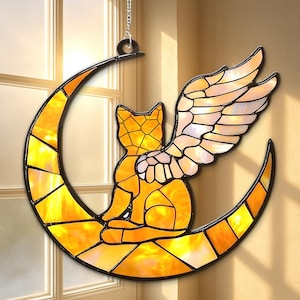 Orange Cat Angel Suncatcher, Holographic Cat Memorial Ornament, Pet Loss Window Hanging, Moon and Wings Decor, Gift for Cat Mom