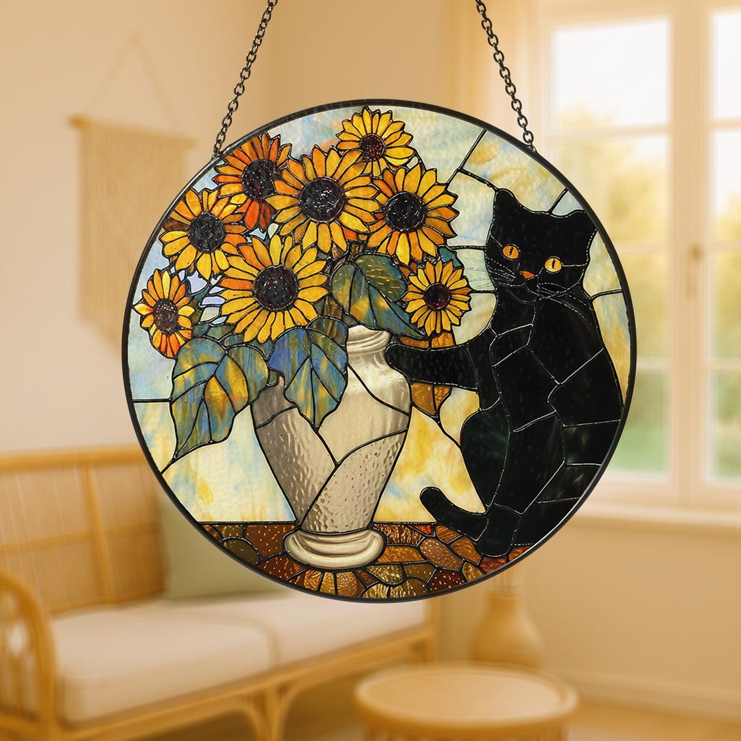 Black Cat Stained Glass Suncatcher With Sunflowers, Window Hanging ...