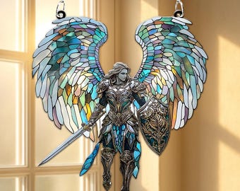 Archangel Acrylic Suncatcher, Warrior Angel Window Hanging, Sword and Shield Angel Decor, Stained Glass Look Acrylic Art, Christian Gift