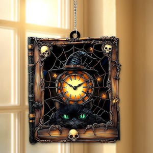 Black Cat Witch Book Acrylic Suncatcher, Faux Stained Glass Halloween Window Hanging, Spooky Book Lover Gift, Gothic Dark Academia Decor