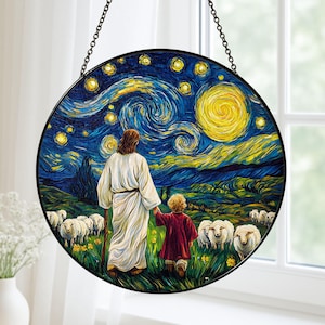 Jesus with Child Stained Glass Suncatcher, Window Hanging Home Decor, Christian Religious Gift For Her Or Him, Starry Night Ornament
