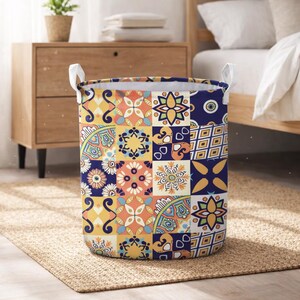 Colorful Mosaic Tile Laundry Basket, Boho Geometric Hamper, Decorative Storage Basket for Bathroom Bedroom Laundry Room