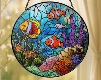 Coral Reef Stained Glass Suncatcher, Ocean Window Hanging Decor, Scuba Diving Scene Art, Sea Life Gift, Beach House Ornament, Ocean Lover