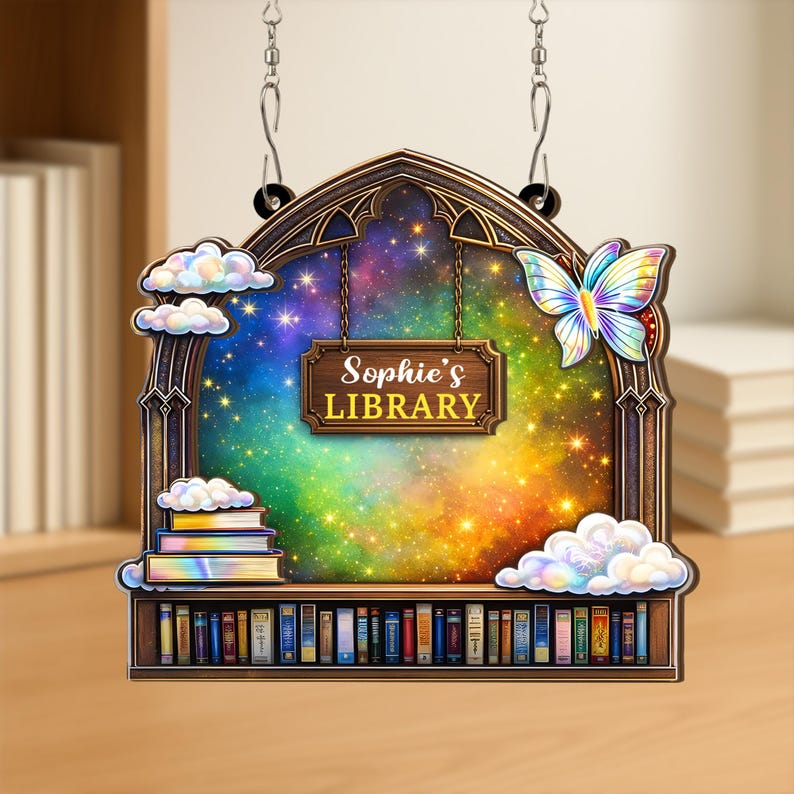 Personalized Wooden Bookcase Sign, Custom Name Galaxy Library Bookish ...