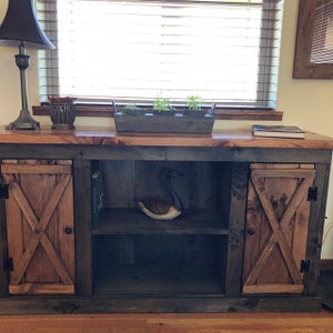 Rustic sliding barn door tv stand deals