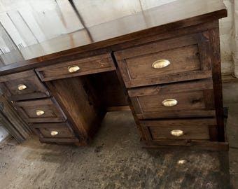 Solid Wood Office Desk with Storage Cabinet: Hand Hammered, Rustic Farmhouse