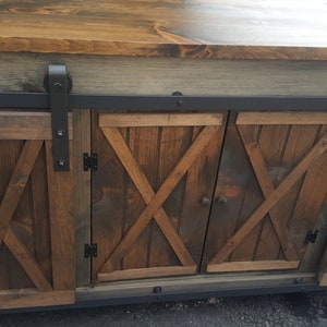 Rustic Pine Back Bar Cabinet with Sliding Barn Doors
