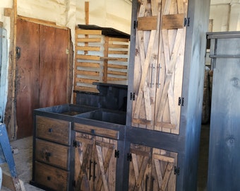 Rustic Pine Bathroom Vanity Cabinet with Barn Doors