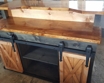 country farmhouse furniture w/ sliding barn doors / kitchen island bars cabinet / country furniture / dining room furniture / bar furniture