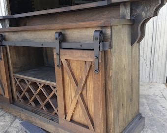 Rustic Pine Bar Cabinet: Farmhouse Kitchen Island with Sliding Barn Doors