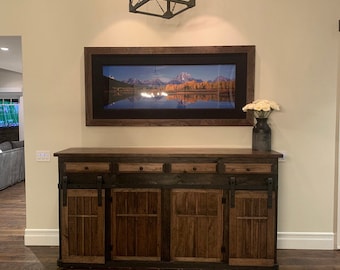 Rustic Pine Back Bar Cabinet with Sliding Barn Doors