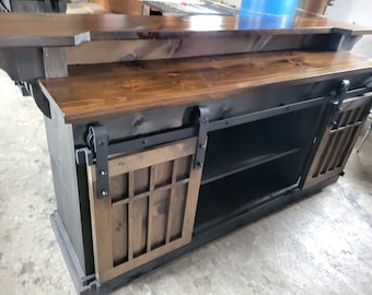 Rustic Pine Bar: Farmhouse Kitchen Island with Sliding Barn Doors