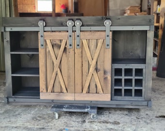 Wine cabinet / rustic bar / back bar cabinet furniture / with sliding barn doors / man cave bar / farmhouse /furniture / barware