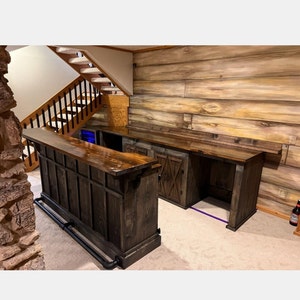 Rustic bar and back bar . Indoor bar . Bar . barware . bar furniture . kitchen cabinets . basement furniture . rustic farmhouse furniture