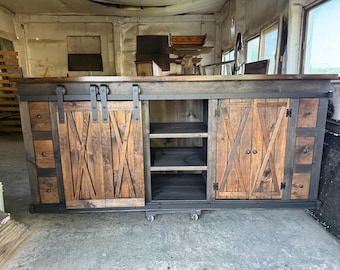 New design Wet bar back bar Rustic Bar Cabinet with Sink & faucet Sliding Barn Door coffee bar