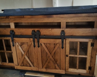 Rustic Pine TV Stand: Sliding Barn Doors, Farmhouse Media Console
