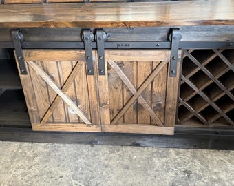 Rustic TV Stand with Sliding Barn Doors & Wine Rack