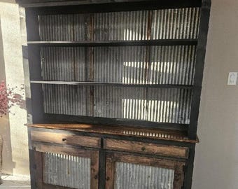 Rustic Tin Hutch: Country Farmhouse Kitchen Buffet Cabinet