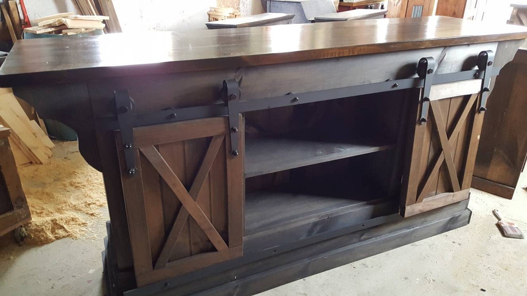 Coffee Bar , Kitchen Island Bar W/ Sliding Barn Doors / Country