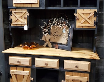 Rustic Farmhouse Hutch: Primitive Stepback Cabinet, Pine Sideboard
