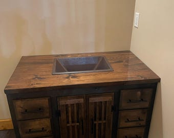 Rustic Pine Bathroom Vanity Cabinet with Barn Doors