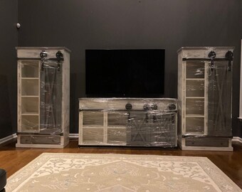 White Farmhouse TV Stand: Rustic Entertainment Center with Sliding Barn Doors