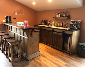 Rustic Pine Bar with Barn Doors & Free Stools - Farmhouse Kitchen Island