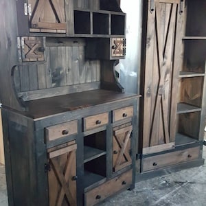 matching sliding barn door storage cabinet & hutch /country furniture , pantry storage cabinet , farmhouse furniture , rustic furniture