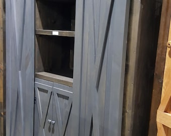 Grey Kitchen Pantry Cabinet: Rustic Farmhouse Storage with Sliding Barn Doors