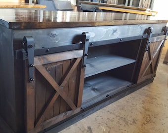 man cave bar / kitchen island bar cabinet furniture w/ sliding barn doors / country furniture / farmhouse furniture /  rustic furniture